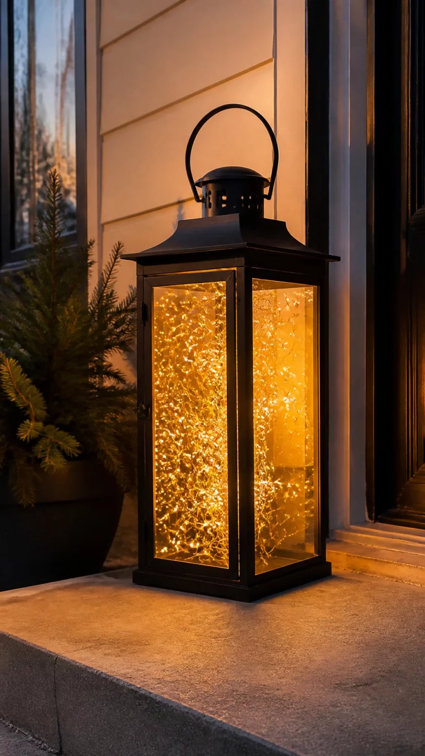 A super-realistic photo of a large black metal lantern sitting on a doorstep, the inside is filled with a tangled copper wire of warm fairy lights, the lights glow softly against the evening sky, everyday social media post aesthetic, photorealistic, high-quality mobile photography, shot on an iPhone 14