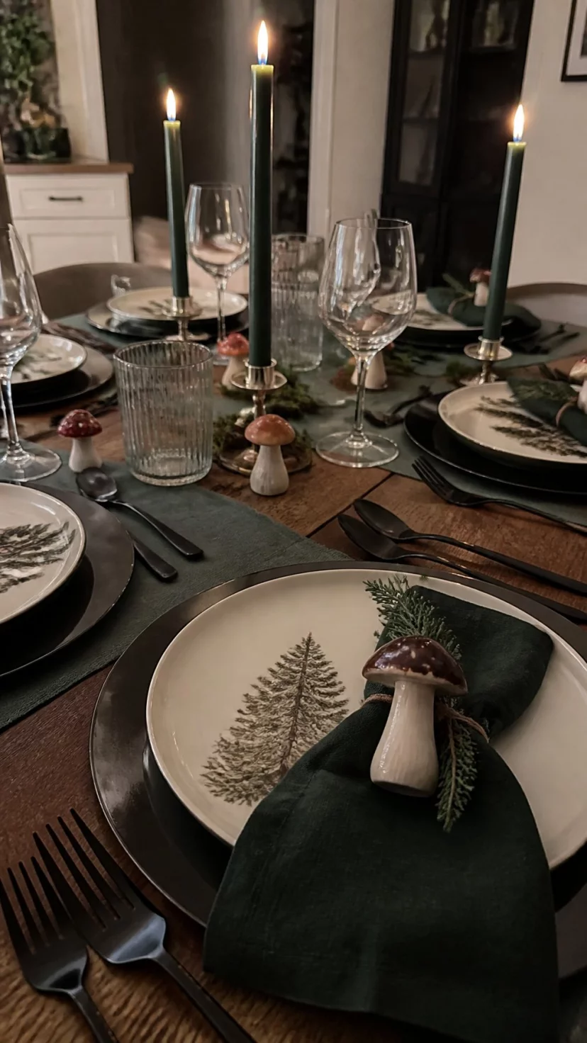 A super-realistic photo of a modern dining table set for a dinner party with small ceramic mushroom figurines scattered among dark green linen napkins, matte black silverware, and forest-inspired dinnerware, soft candlelight flickers across the scene, everyday social media post aesthetic, photorealistic, high-quality mobile photography, shot on an iPhone 14