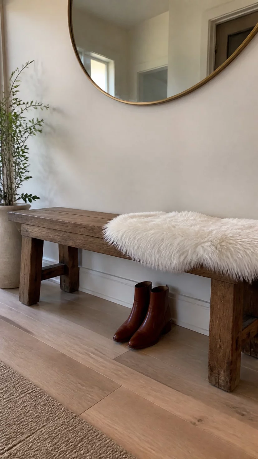 A super-realistic photo of a long wooden entryway bench with a white faux fur rug draped over one end, a pair of leather boots sits neatly on the floor below, the lighting is soft and welcoming, everyday social media post aesthetic, photorealistic, high-quality mobile photography, shot on an iPhone 14