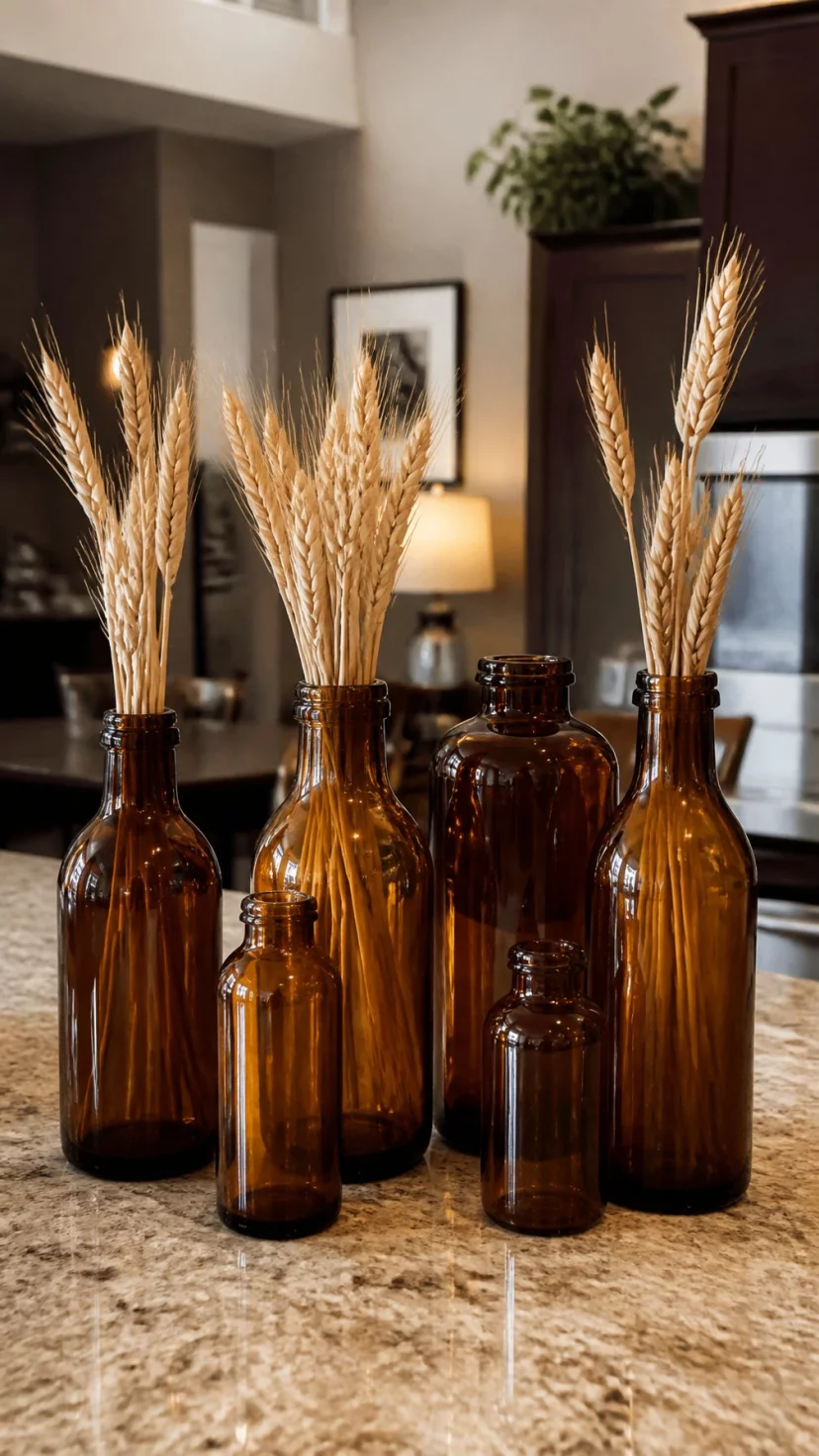 A super-realistic photo of a kitchen counter with a collection of vintage-style amber glass bottles of various heights, some bottles contain dried individual wheat stalks while others are empty, a warm glow reflects off the warm brown glass surfaces, everyday social media post aesthetic, photorealistic, high-quality mobile photography, shot on an iPhone 14