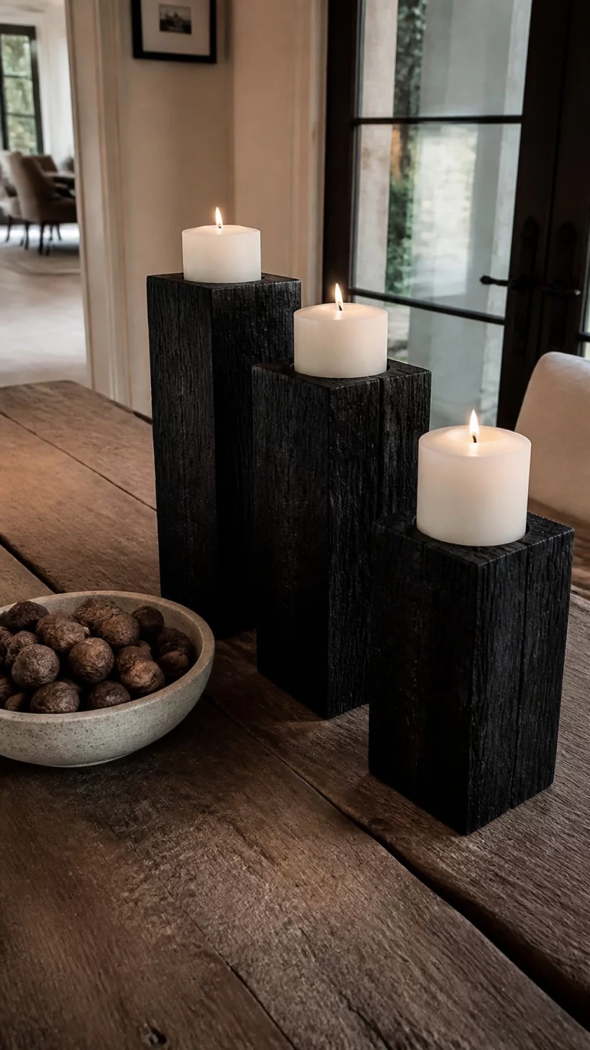 A super-realistic photo of several chunky charred black wood pillar candle holders standing on a rough-hewn wooden dining table, white unscented candles sit on top with small flames, a bowl of dark walnuts sits nearby, everyday social media post aesthetic, photorealistic, high-quality mobile photography, shot on an iPhone 14