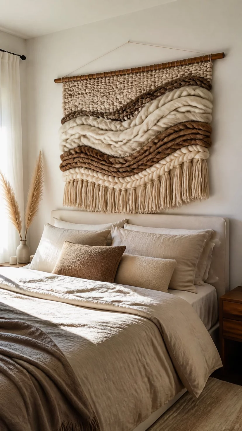 A super-realistic photo of a bedroom wall featuring a large hand-woven wall hanging made of thick wool and unspun roving in shades of cream and brown, the tapestry hangs above a bed with layers of beige bedding, soft morning light fills the room, everyday social media post aesthetic, photorealistic, high-quality mobile photography, shot on an iPhone 14