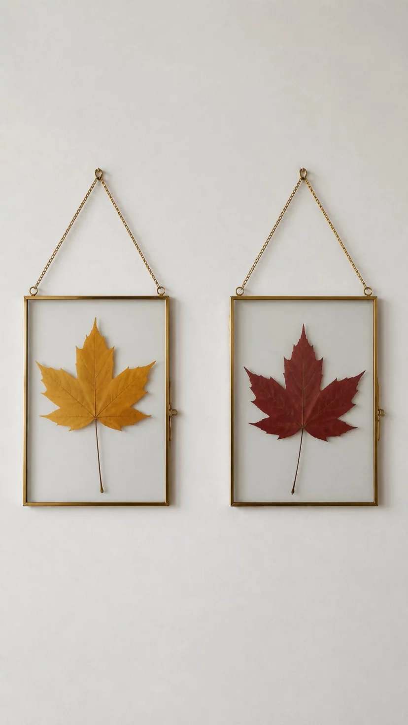 A super-realistic photo of two thin gold glass frames hanging on a wall, each frame contains a single pressed and dried autumn leaf, one leaf is bright yellow and the other is deep red, the background is a clean white wall, everyday social media post aesthetic, photorealistic, high-quality mobile photography, shot on an iPhone 14