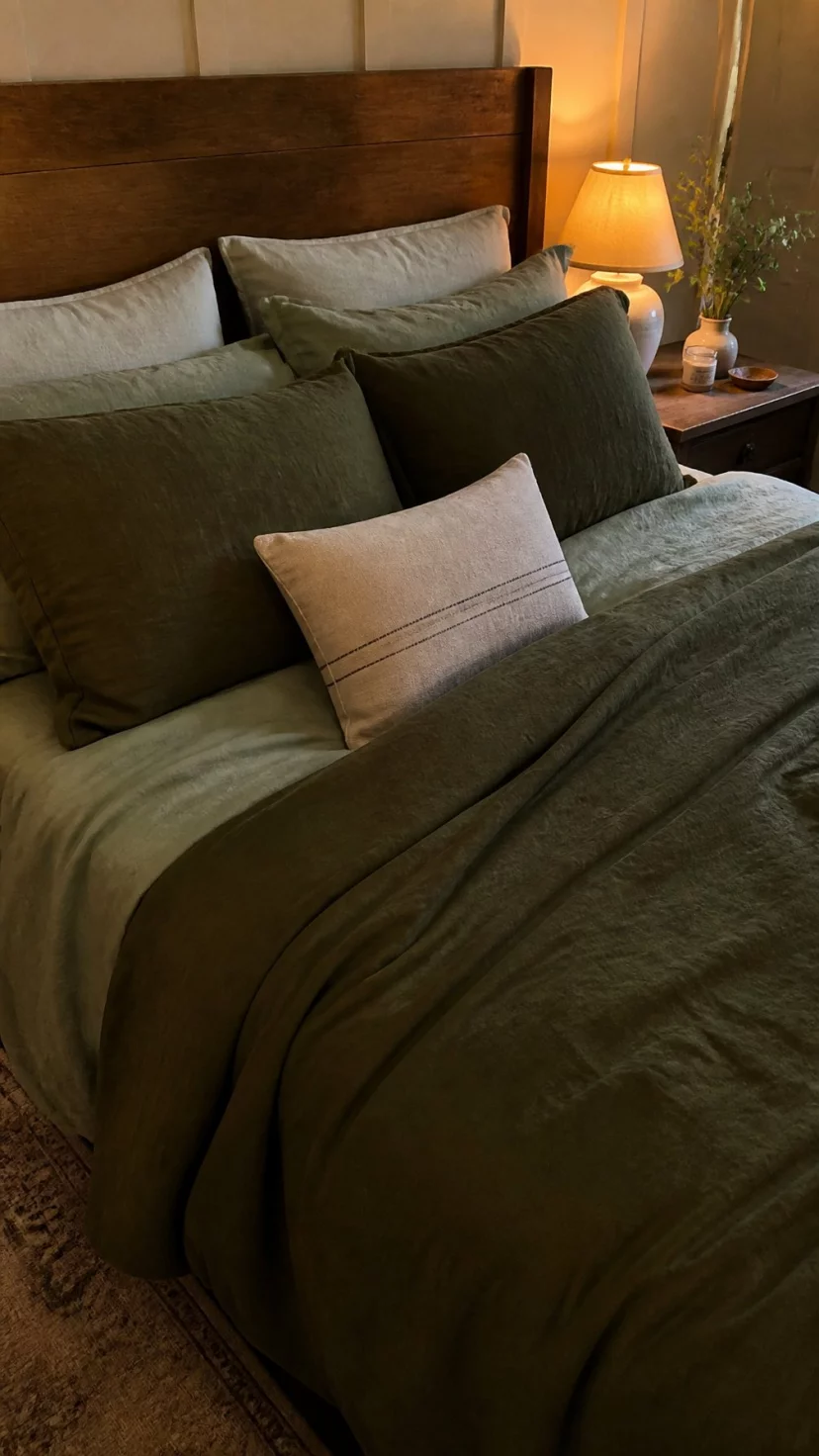 A super-realistic photo of a cozy bed layered with muted sage green linen sheets and a dark olive duvet cover, several pillows are stacked neatly against a wooden headboard, a small bedside lamp glows warmly, everyday social media post aesthetic, photorealistic, high-quality mobile photography, shot on an iPhone 14