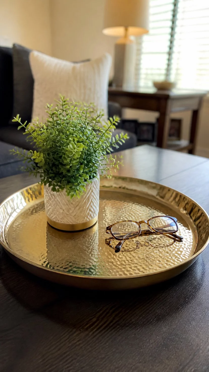 A super-realistic photo of a hammered brass tray sitting on a dark oak coffee table, the tray holds a small green plant in a white pot and a pair of reading glasses, the metallic surface reflects the warm interior lighting, everyday social media post aesthetic, photorealistic, high-quality mobile photography, shot on an iPhone 14