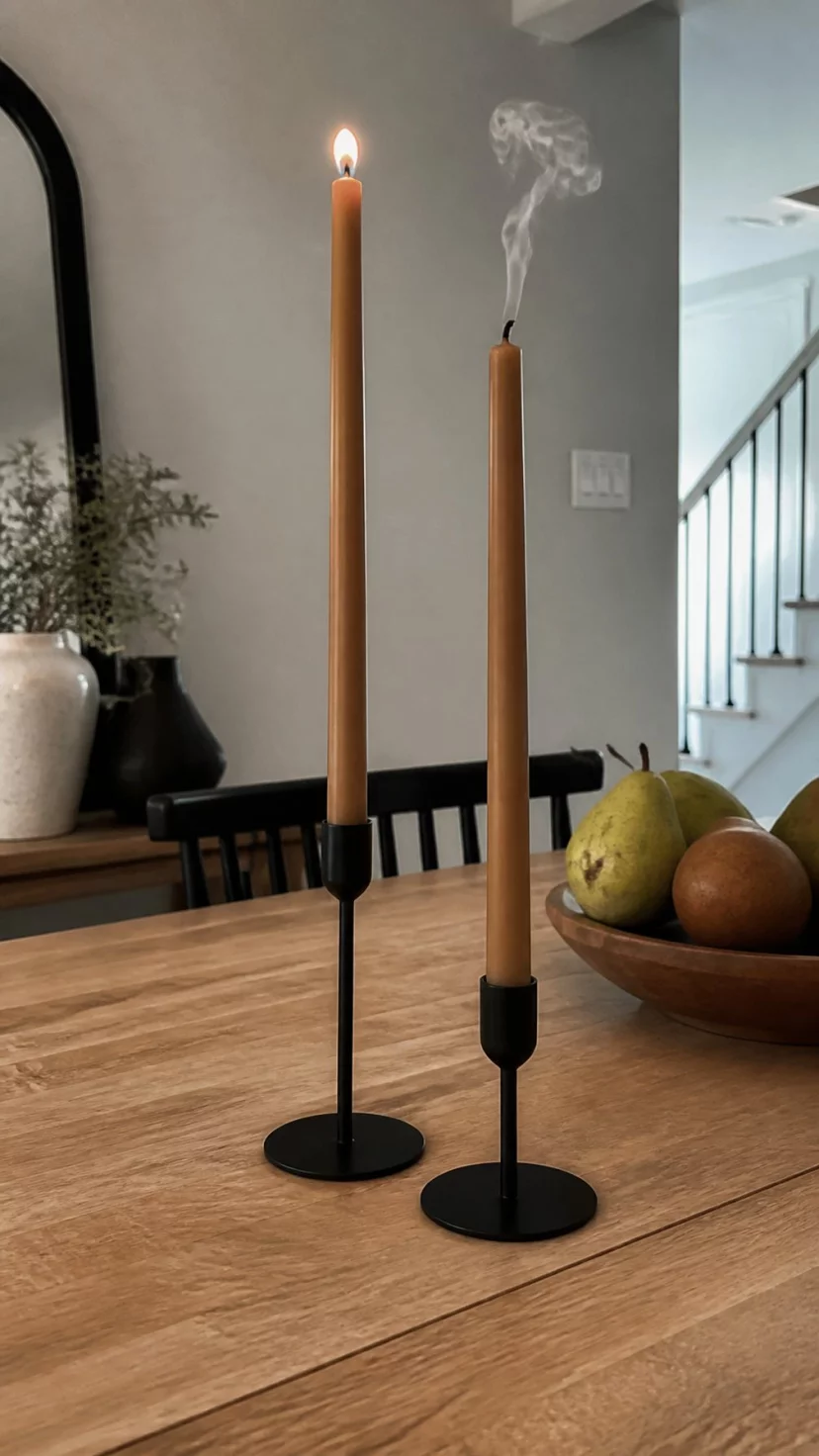 A super-realistic photo of two tall caramel-colored taper candles standing in slim black iron holders on a wooden dining table, a small plume of smoke rises from one candle, a bowl of pears sits in the background, everyday social media post aesthetic, photorealistic, high-quality mobile photography, shot on an iPhone 14