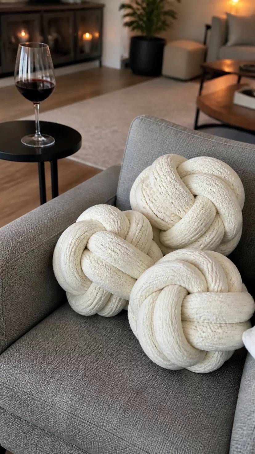 A super-realistic photo of several creamy white wool pillows shaped like large nautical knots sitting on a grey modern armchair, a small side table holds a glass of red wine, the background is a blurred warm living room, everyday social media post aesthetic, photorealistic, high-quality mobile photography, shot on an iPhone 14