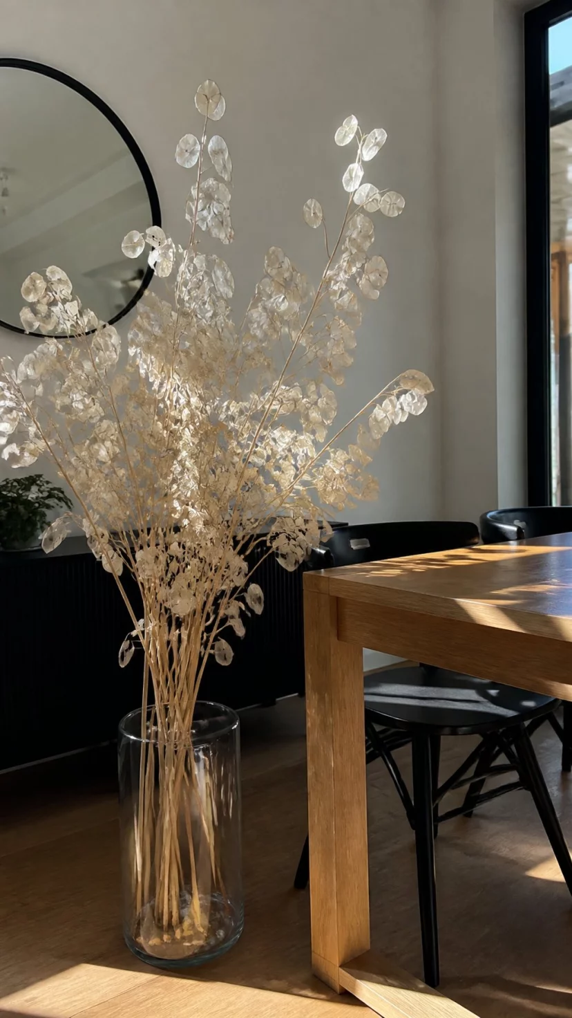 A super-realistic photo of a large прозрачный glass floor vase filled with tall shimmering stems of dried lunaria silver dollar plants, the translucent circular seed pods catch the sunlight in a bright modern dining room, a sleek oak table stands nearby, everyday social media post aesthetic, photorealistic, high-quality mobile photography, shot on an iPhone 14