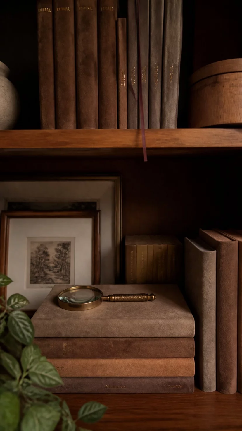 A super-realistic photo of an organized bookshelf where several books are wrapped in soft brown and tan suede covers, a small brass magnifying glass sits on a stack of books, the light is dim and cozy, everyday social media post aesthetic, photorealistic, high-quality mobile photography, shot on an iPhone 14