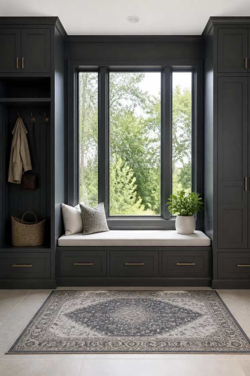 A realistic photo of an entryway with dark charcoal built-in cabinetry flanking a wide window seat area that looks out over green trees, featuring a small open locker section.