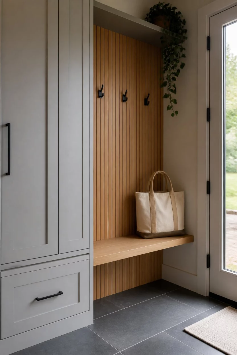 A realistic photo of a contemporary mudroom with light grey cabinetry and a warm vertical wood slat accent wall behind a simple bench holding a tote bag.