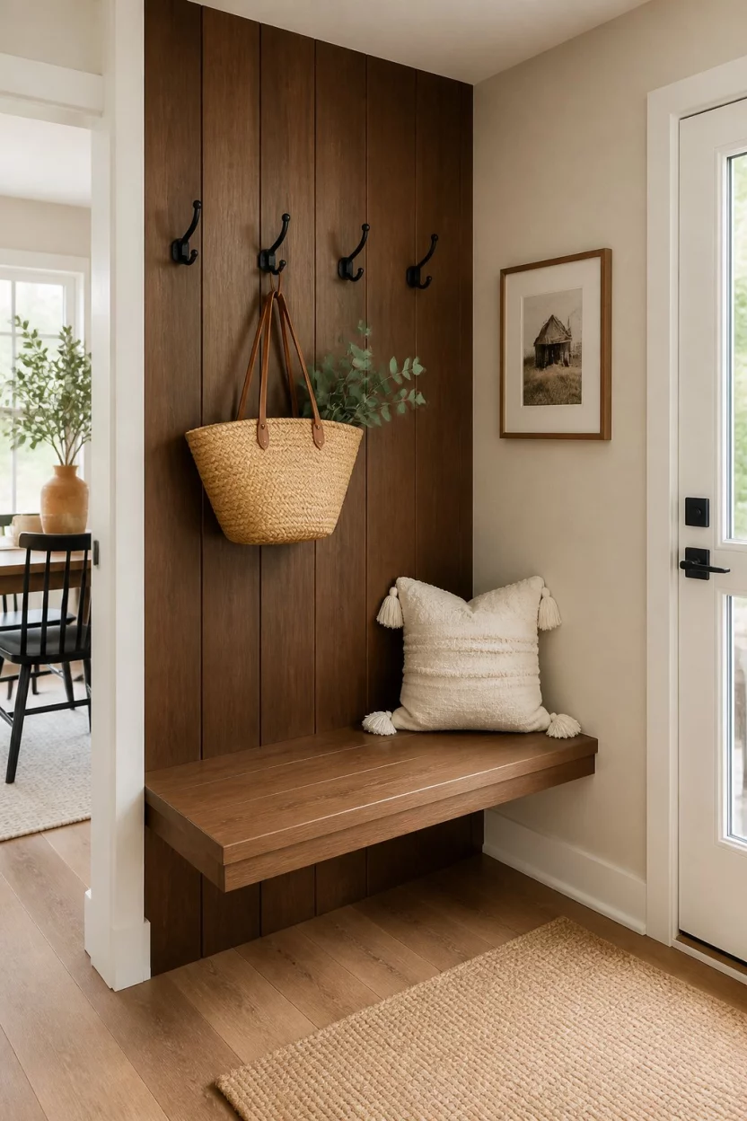 A realistic photo of a cozy mudroom nook with rich vertical wood paneling and a floating wooden bench, featuring black metal coat hooks and a white decorative tasseled pillow against a warm cream wall.