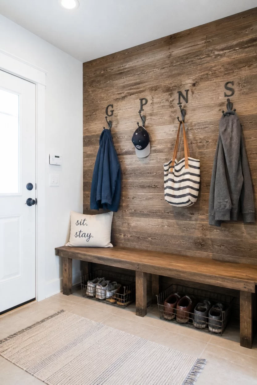 A realistic photo of a white mudroom with a rustic reclaimed wood accent wall, featuring personalized metal initial hooks above a wooden bench and wire shoe baskets on the floor.