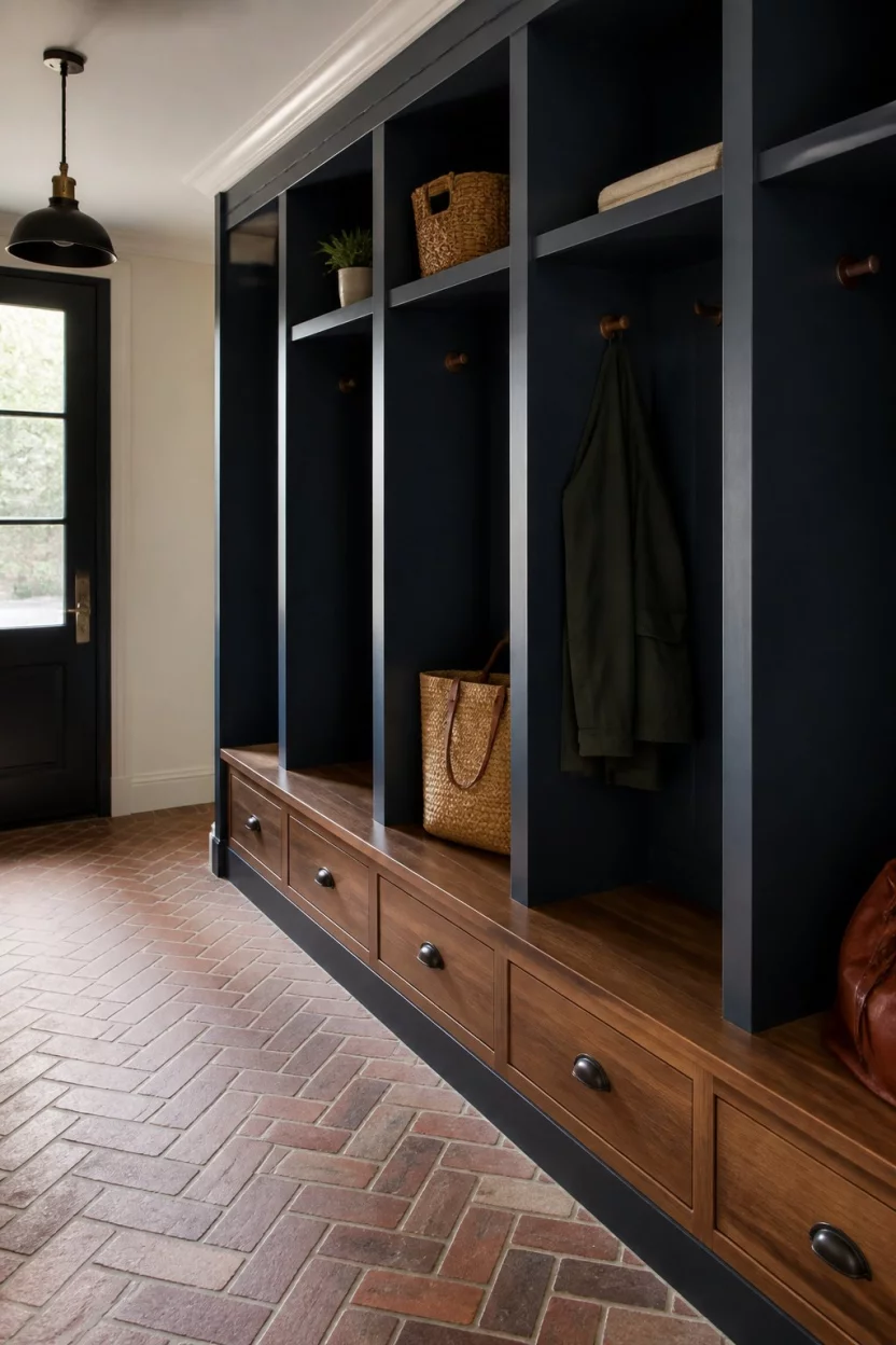 A realistic photo of an entryway with vertical dark blue dividers forming deep cubbies above a warm wooden bench, set against a brick patterned floor and dark accents.