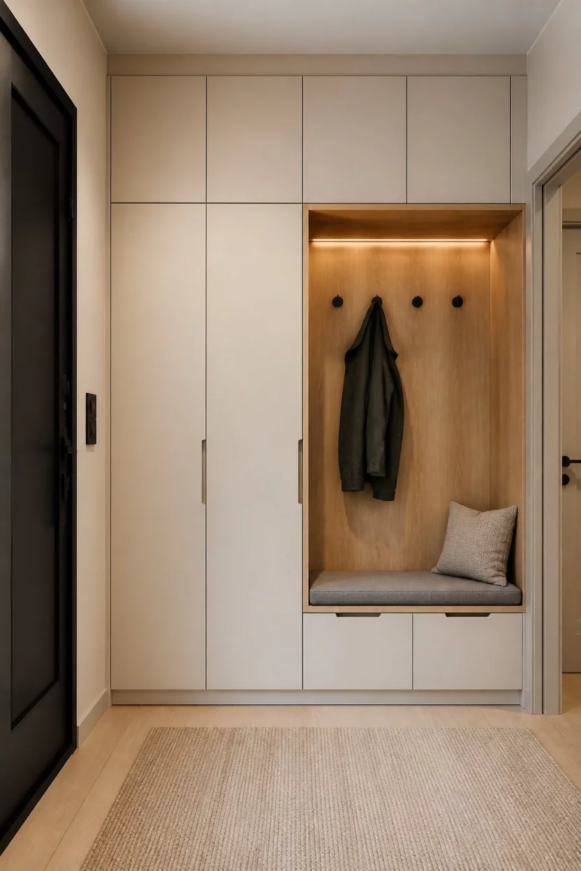 A realistic photo of a modern minimalist entryway with tall light beige storage cabinets and a built-in wooden alcove seating area with integrated coat hooks and clean lines.
