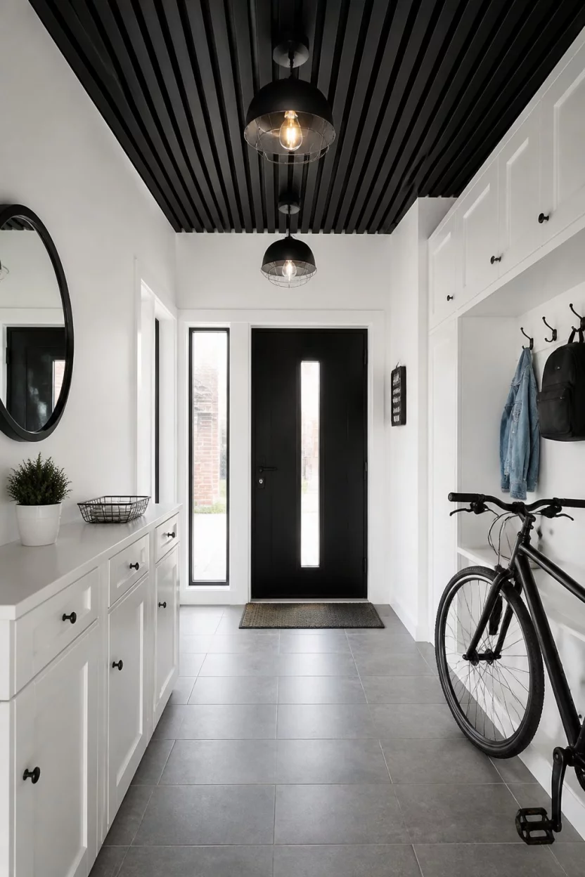 A realistic photo of a white modern entryway with a striking black slatted ceiling and industrial pendant lights, featuring white storage units and a bicycle parked near the entrance.