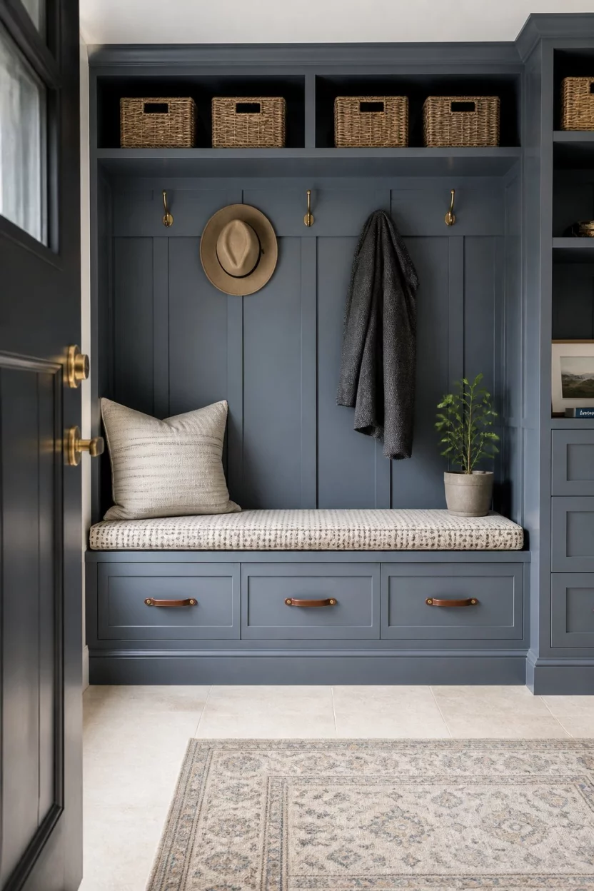A realistic photo of a serene entryway with blue-grey board and batten storage, featuring a patterned cushion bench, leather drawer pulls, and brass hooks.