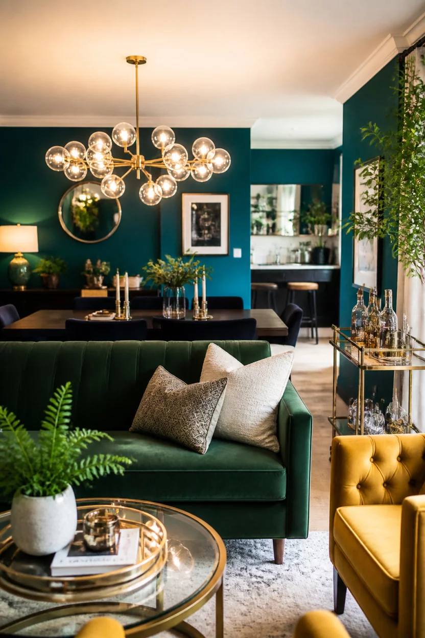 A realistic photo of a vibrant living and dining space with rich teal walls featuring a forest green velvet sofa and tufted gold accent chairs with unique glowing globe light fixtures suspended from the ceiling.