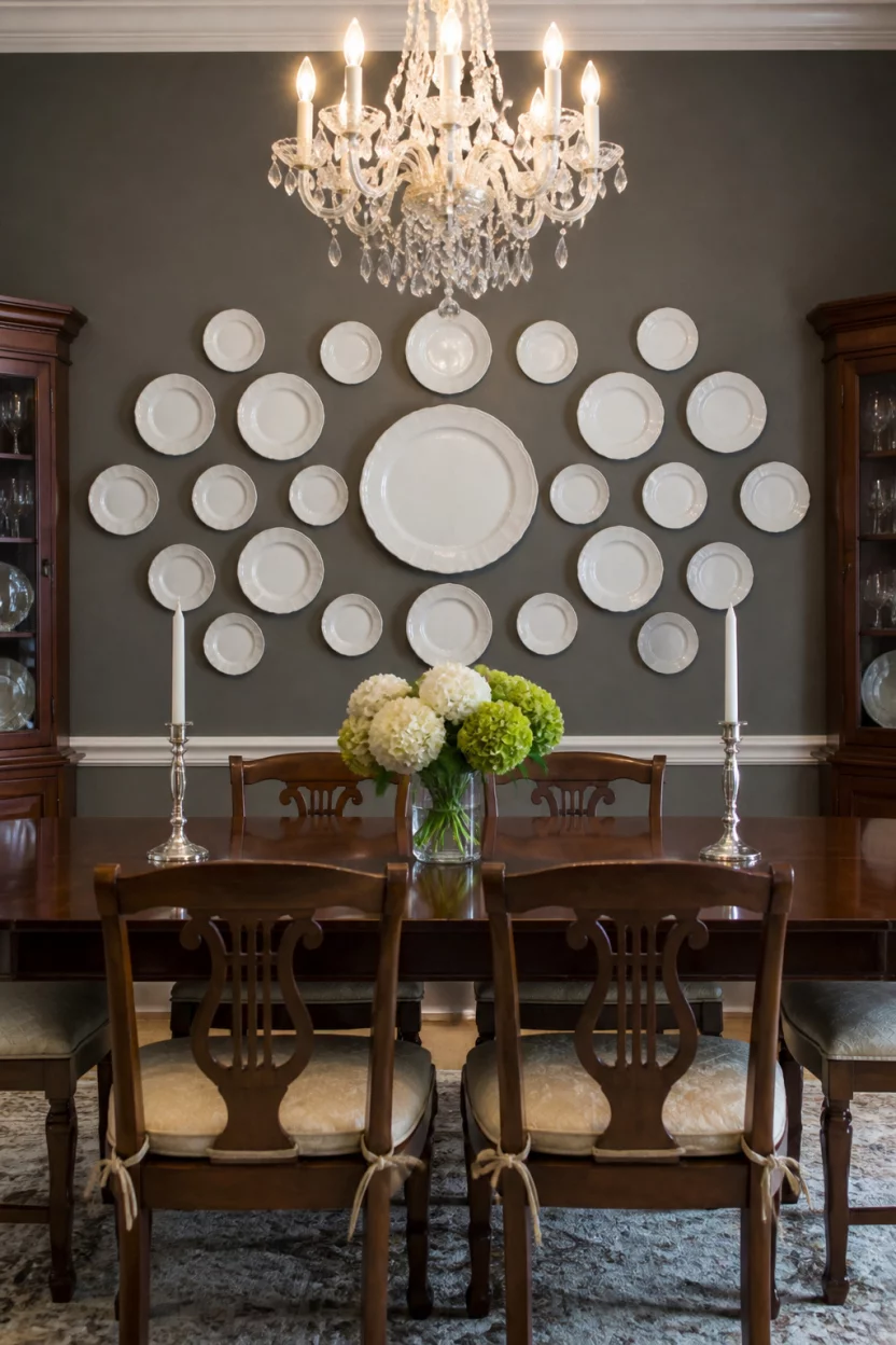 A realistic photo of a sophisticated dining room with slate gray walls featuring a large symmetrical wall display of various white decorative plates and a glamorous crystal chandelier.