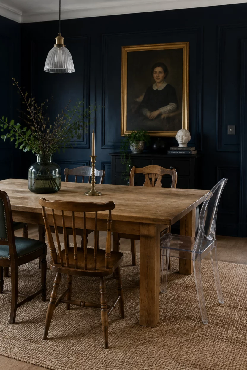 A realistic photo of a moody dining room with navy blue paneled walls and a light oak wooden table featuring an eclectic mix of chairs including a clear acrylic chair and vintage wooden seats.