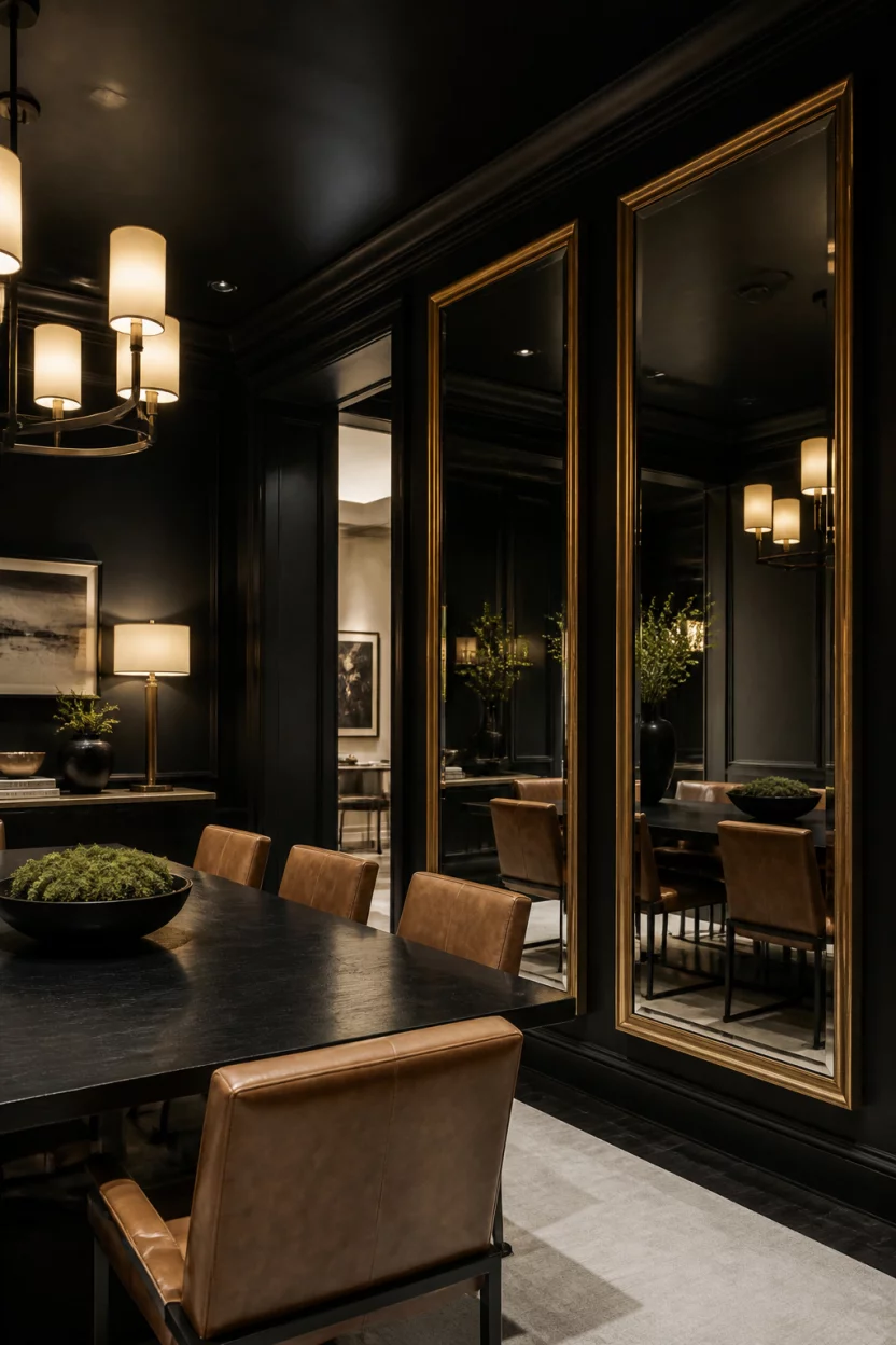 A realistic photo of a dramatic dining room with ebony walls and tall gold framed mirrors reflecting a black dining set and tan leather chairs under soft warm ambient lighting.