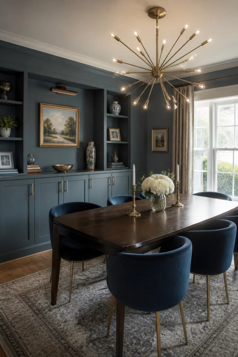 A realistic photo of a formal dining room with dusty teal walls and built in cabinetry featuring a modern gold sputnik chandelier and navy blue circular upholstered chairs.