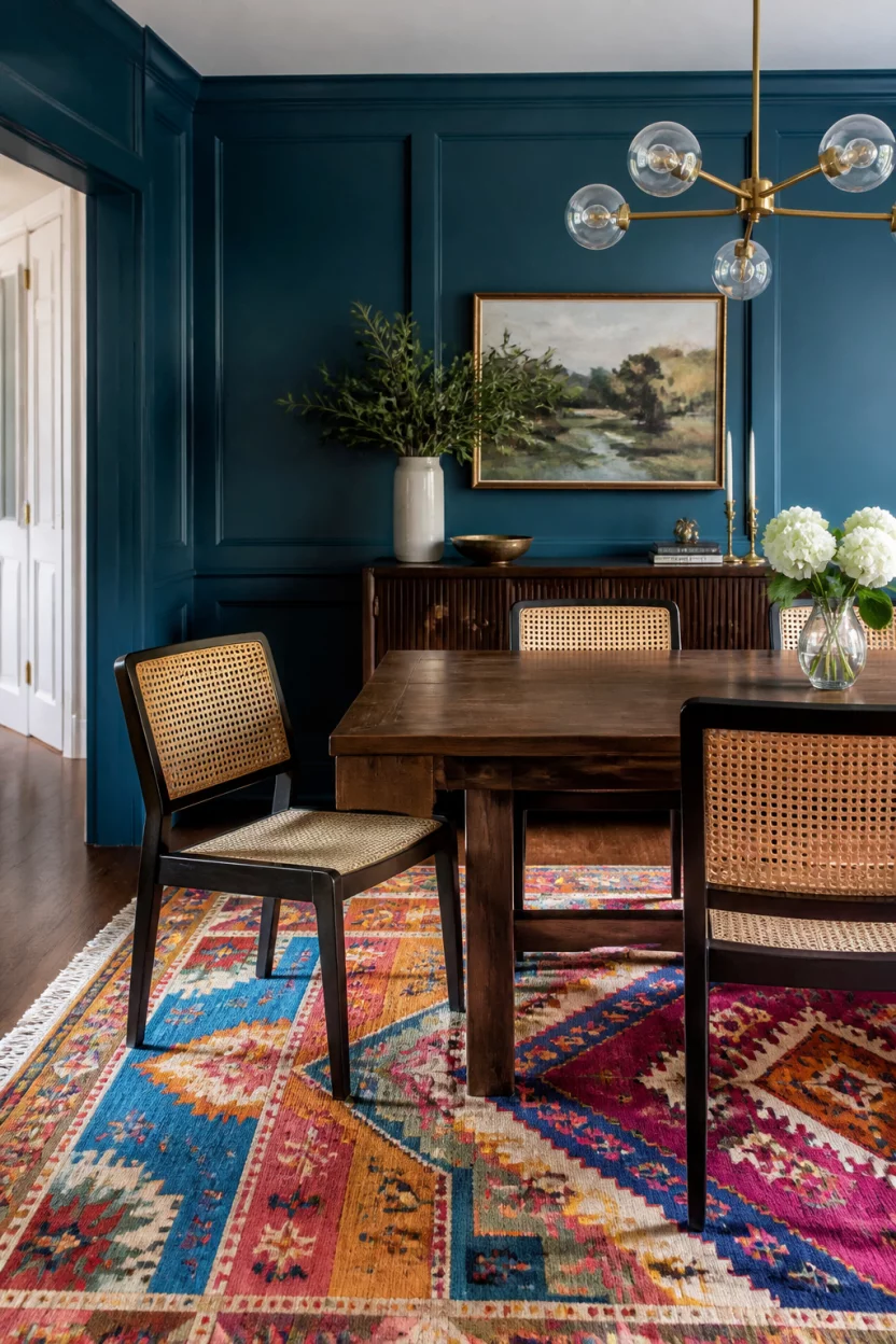 A realistic photo of a dining room with deep teal paneled walls and cane back chairs featuring a large vibrant rug with geometric patterns in several bright colors.