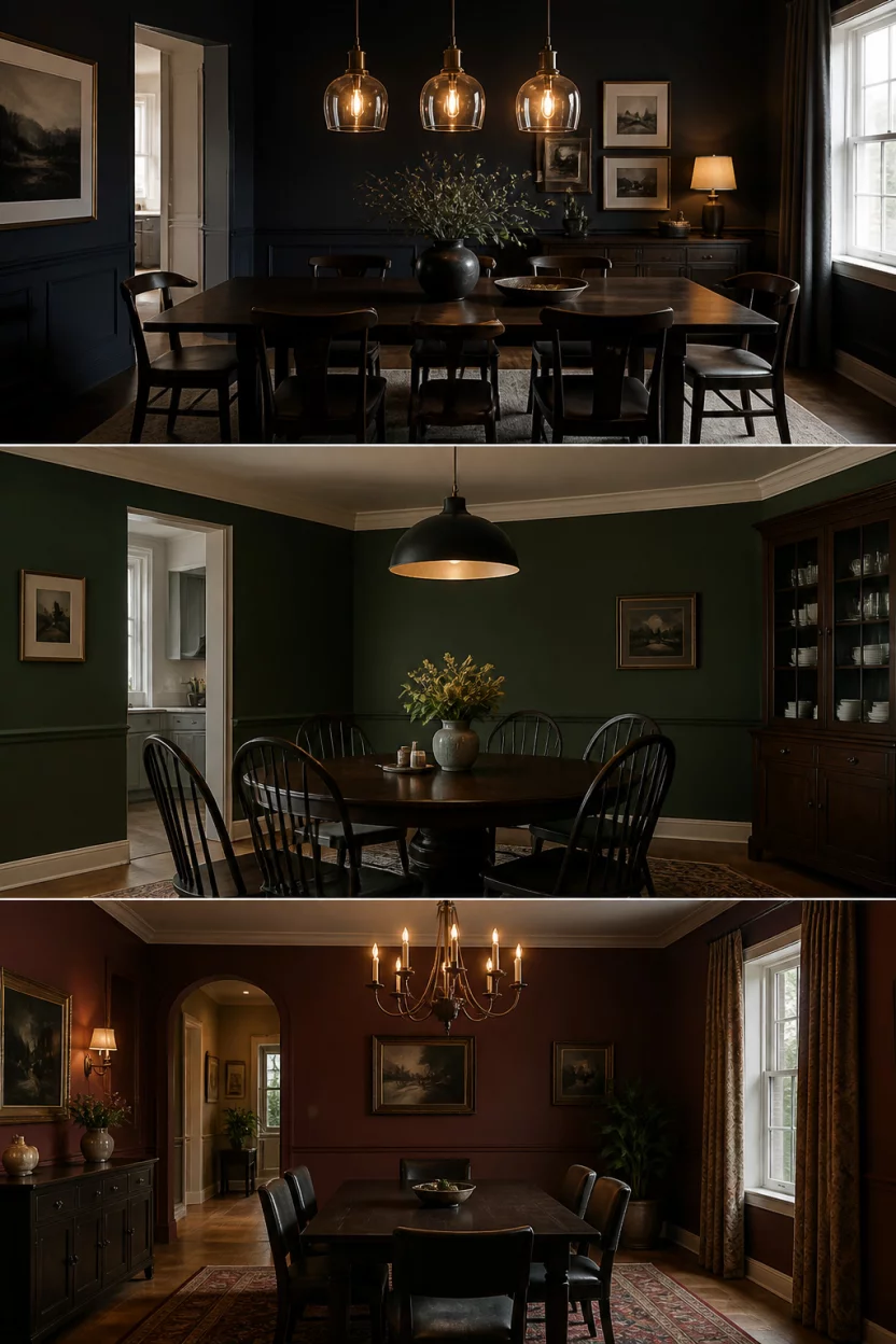 A realistic photo of three separate moody dining interiors showing varied rich paint colors with dark wood furniture and different stylish light fixtures including pendants and chandeliers in one image.