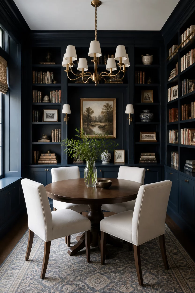 A realistic photo of a cozy dining area situated within a library featuring floor to ceiling built in bookshelves painted in a midnight blue shade with a round wooden table and white upholstered chairs centered in the room.