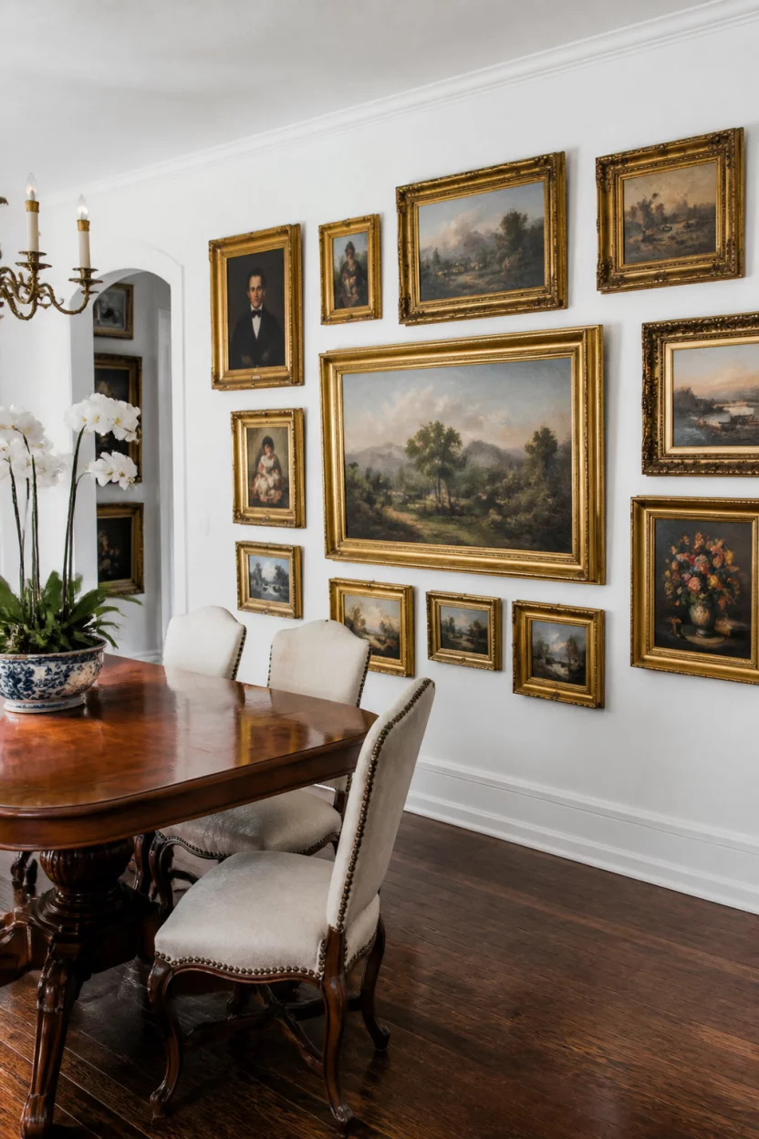 A realistic photo of a dining room with crisp white walls and a large gallery wall filled with framed oil paintings in ornate gold frames above dark hardwood floors.