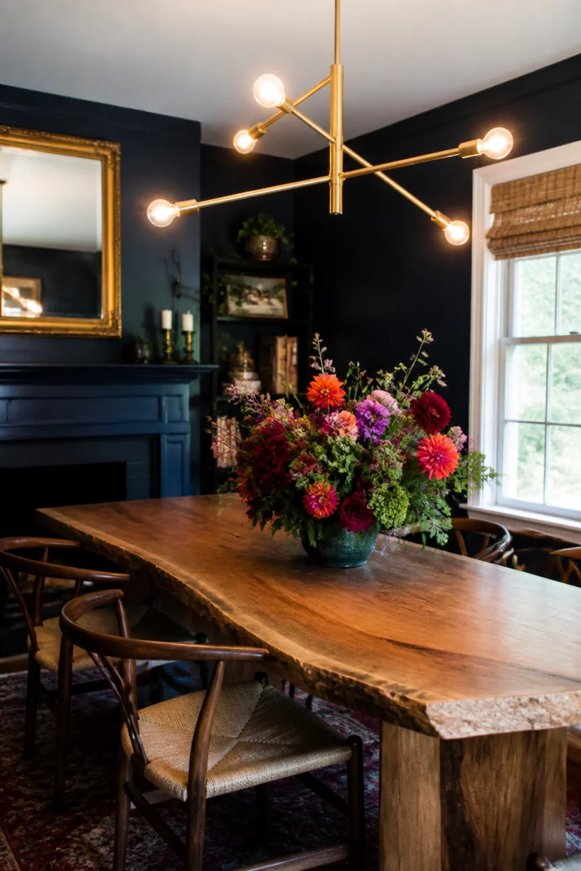A realistic photo of a rustic dining room with dark navy walls and a bright gold modern light fixture over a raw edge wooden table with a large colorful flower centerpiece.