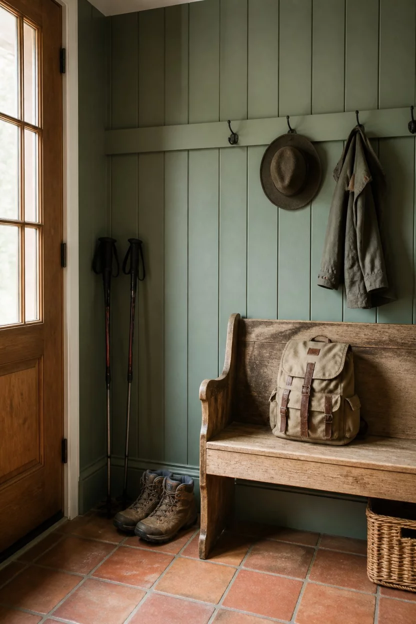 A realistic photo of a rustic mudroom with sage green wall paneling, a worn wooden bench, and warm terracotta tile flooring with hiking boots and trekking poles leaning against the wall.