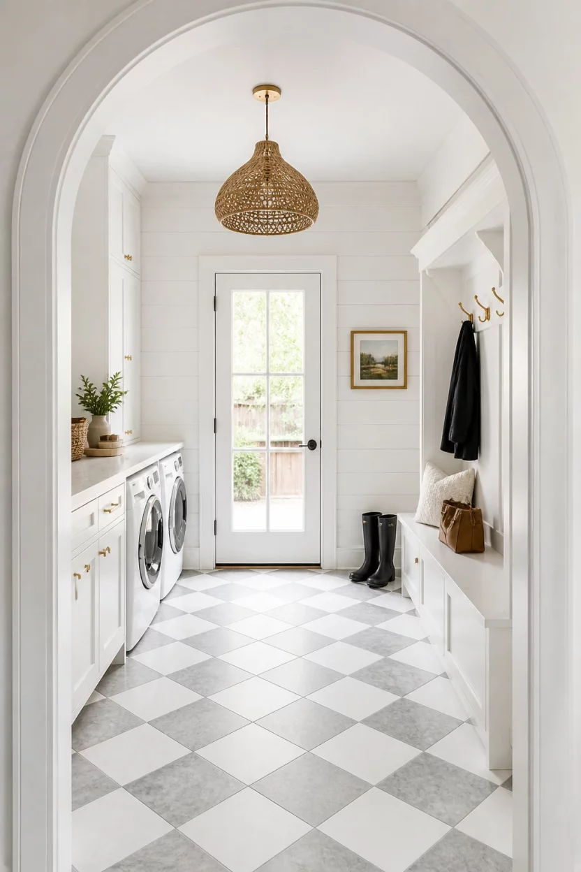 A realistic photo of a bright laundry mudroom viewed through a white archway, featuring white shiplap walls, a rattan light fixture, and classic white marble look checkerboard tiles across the floor.
