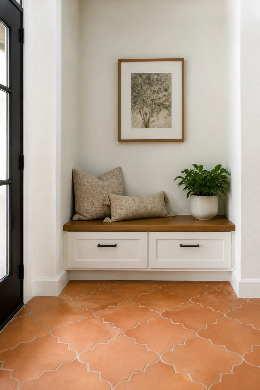 A realistic photo of a bright alcove nook with white walls, a wood-topped storage bench, and a uniquely shaped terracotta-colored tiled floor with organic interlocking patterns.