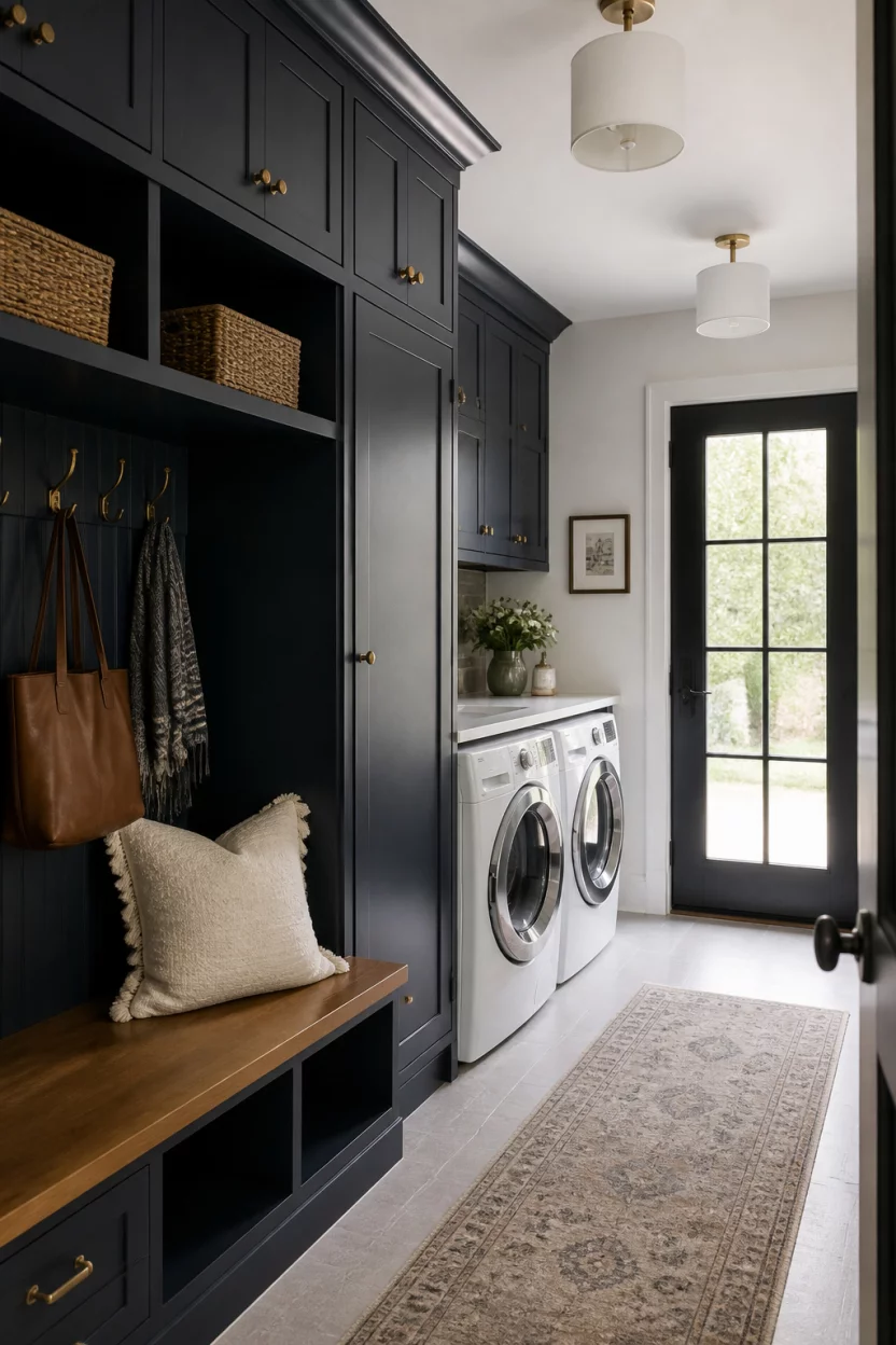 A realistic photo of a navy blue laundry mudroom combo featuring dark cabinetry, a wooden bench, modern white cylinder light fixtures, and a black framed glass door.