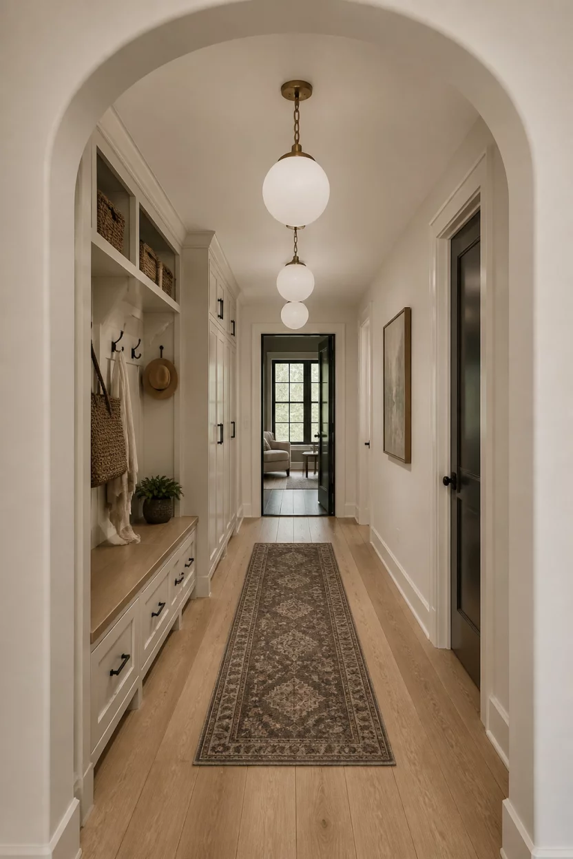 A realistic photo of a long elegant mudroom hallway viewed through an archway, featuring light wood floors and three matching white globe pendant light fixtures.