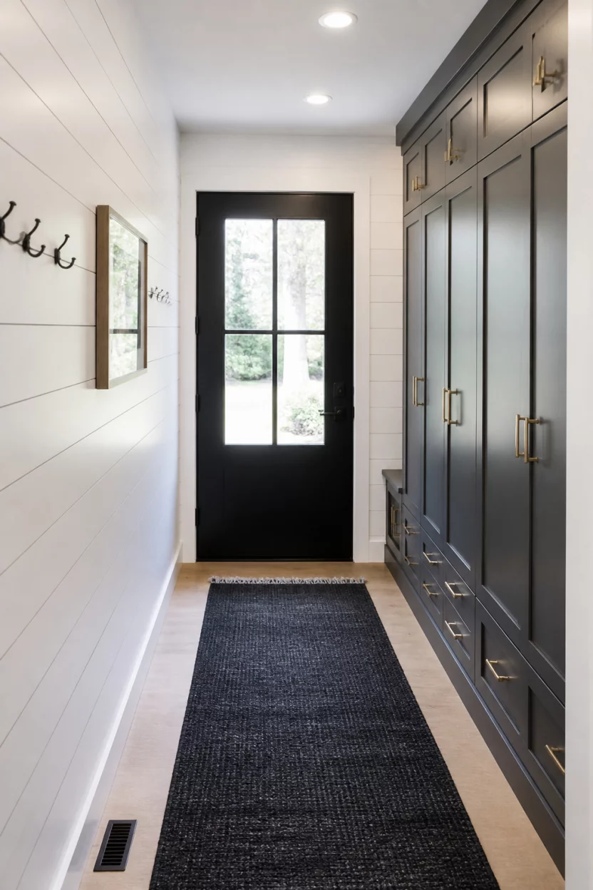 A realistic photo of a white shiplap entryway with a black glass paned door, a dark rug, and tall gray built in storage with gold hardware under bright overhead spotlights.