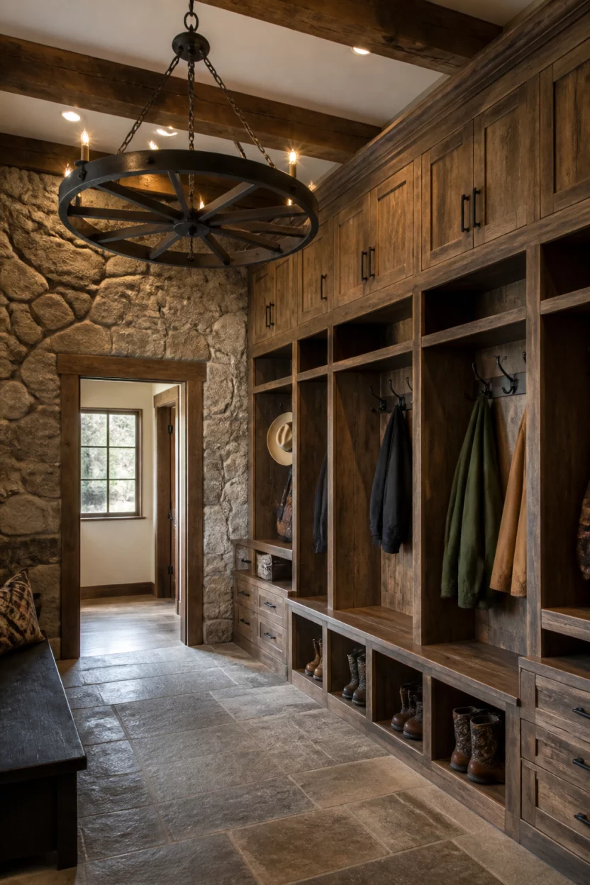 A realistic photo of a rustic mudroom with massive reclaimed wood cabinetry, a stone accent wall, and a large black wagon wheel chandelier hanging from a beamed ceiling.