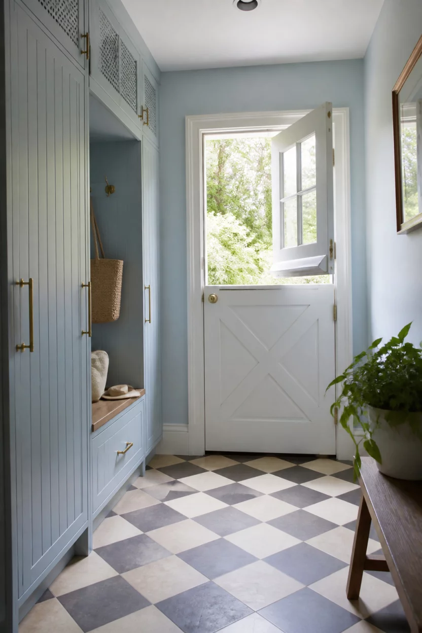 A realistic photo of a light blue mudroom with tall slatted cabinets, a checkered floor, and a white wood Dutch door with the top half open to let in bright natural sunlight.