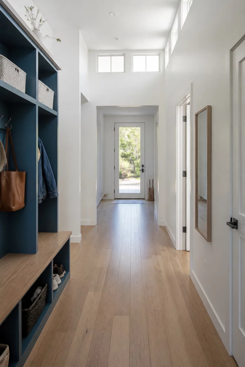 A realistic photo of a bright hallway mudroom with natural wood floors, white walls, high ceilings with clerestory windows, and a blue shelving unit near a doorway.