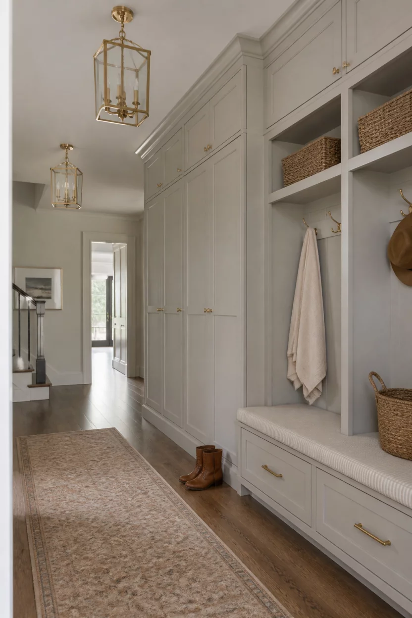 A realistic photo of a neutral mudroom with light gray built in cabinets featuring brass hardware, a warm wood hallway, and elegant brass ceiling lanterns.