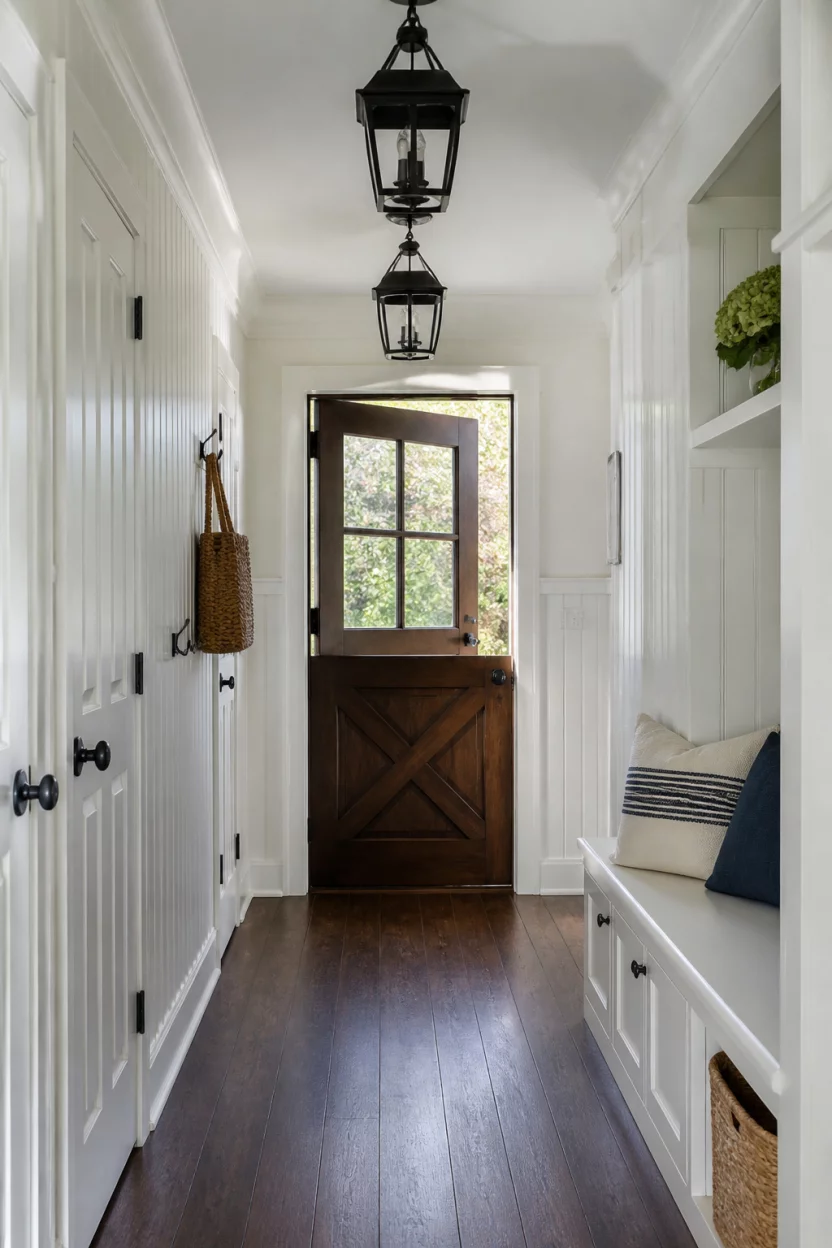 A realistic photo of a white mudroom hallway with beadboard paneling, dark wood flooring, and tall black metal lanterns hanging from the ceiling near a dark wood dutch door.