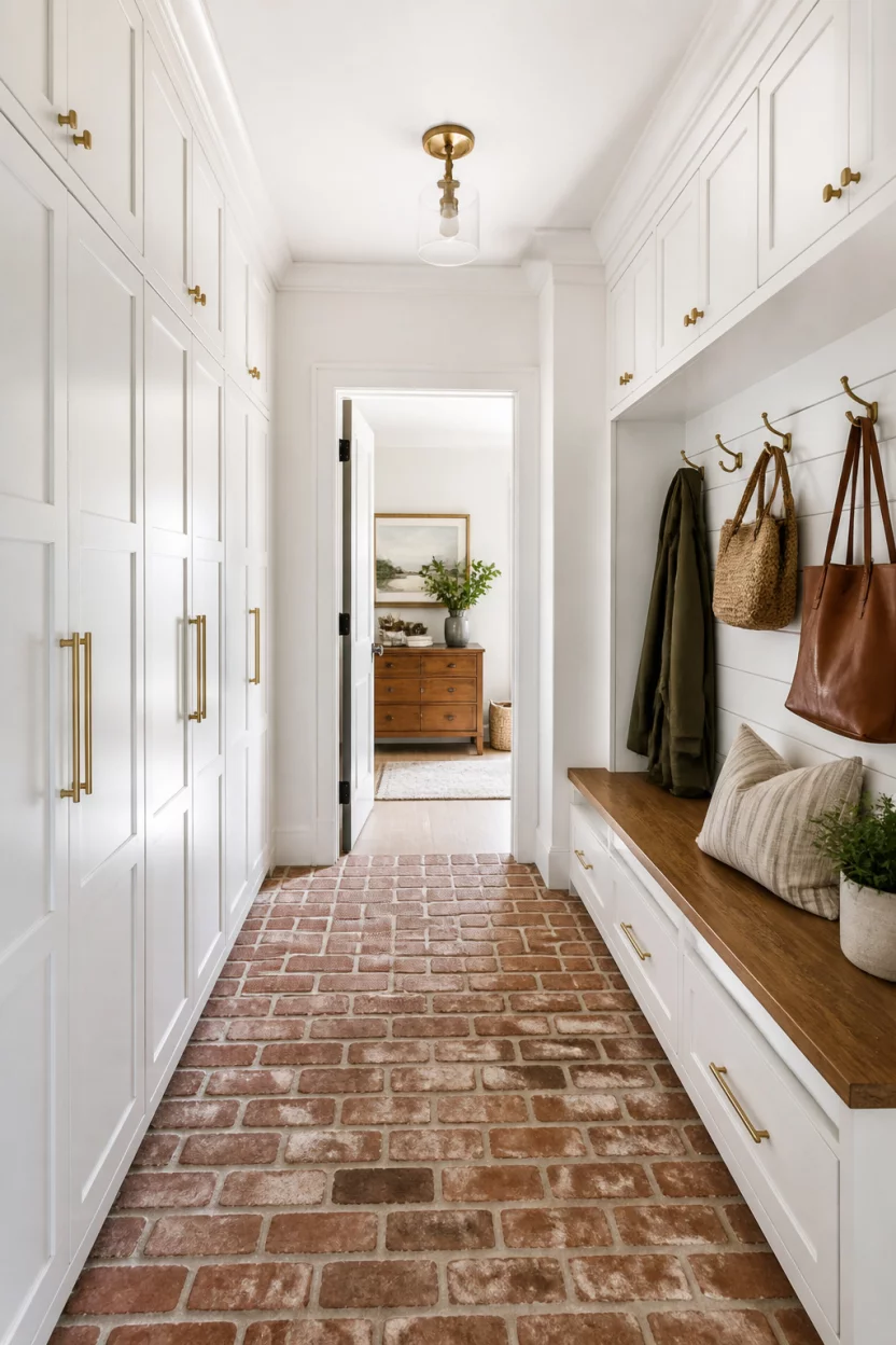 A realistic photo of a bright white mudroom with extensive custom cabinetry, wood bench tops, warm brass hardware, and a rustic red brick floor.