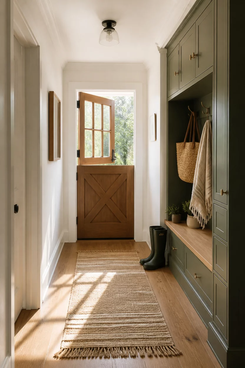 A realistic photo of a light filled mudroom hallway with white walls, warm wood floors, a wooden Dutch door, and dark green cabinetry illuminated by morning sunlight.