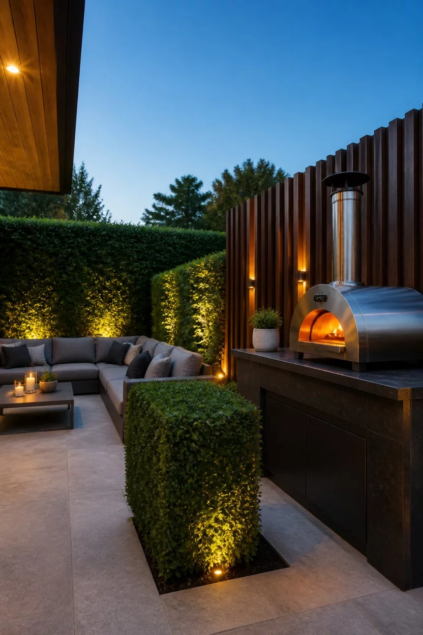 Contemporary Pizza Patio A realistic photo of a contemporary patio defined by lush green hedges, modern grey outdoor sofas, dark wood wall accents, and a sleek stainless steel pizza oven sitting on a minimalist black stone counter during a clear dusk.