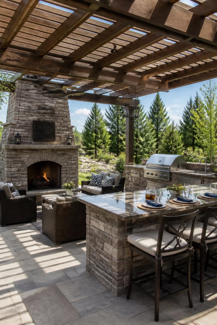 Stone Fireplace Entertainment Hub A realistic photo of a large outdoor entertainment area featuring a massive stone fireplace, a built in grill island with bar seating, all situated under a slatted wooden pergola on a sunny day.