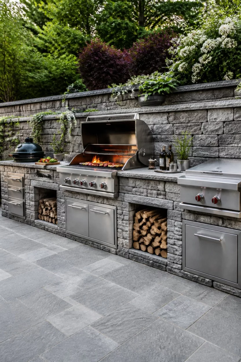 The Retaining Wall Kitchen A realistic photo of an impressive outdoor kitchen built into a grey stone retaining wall featuring a large open flame grill, stainless steel professional appliances, and integrated wood storage niches.