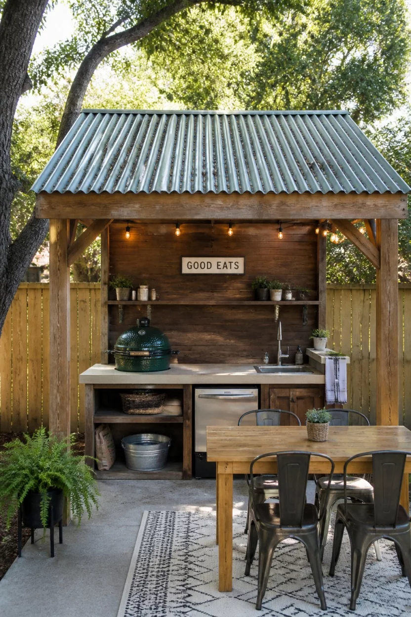 The Corrugated Cooking Shack A realistic photo of a charming rustic wooden outdoor kitchen shelter with a corrugated metal roof housing a green ceramic egg grill, a small sink, and a simple wooden dining table in a quiet backyard.