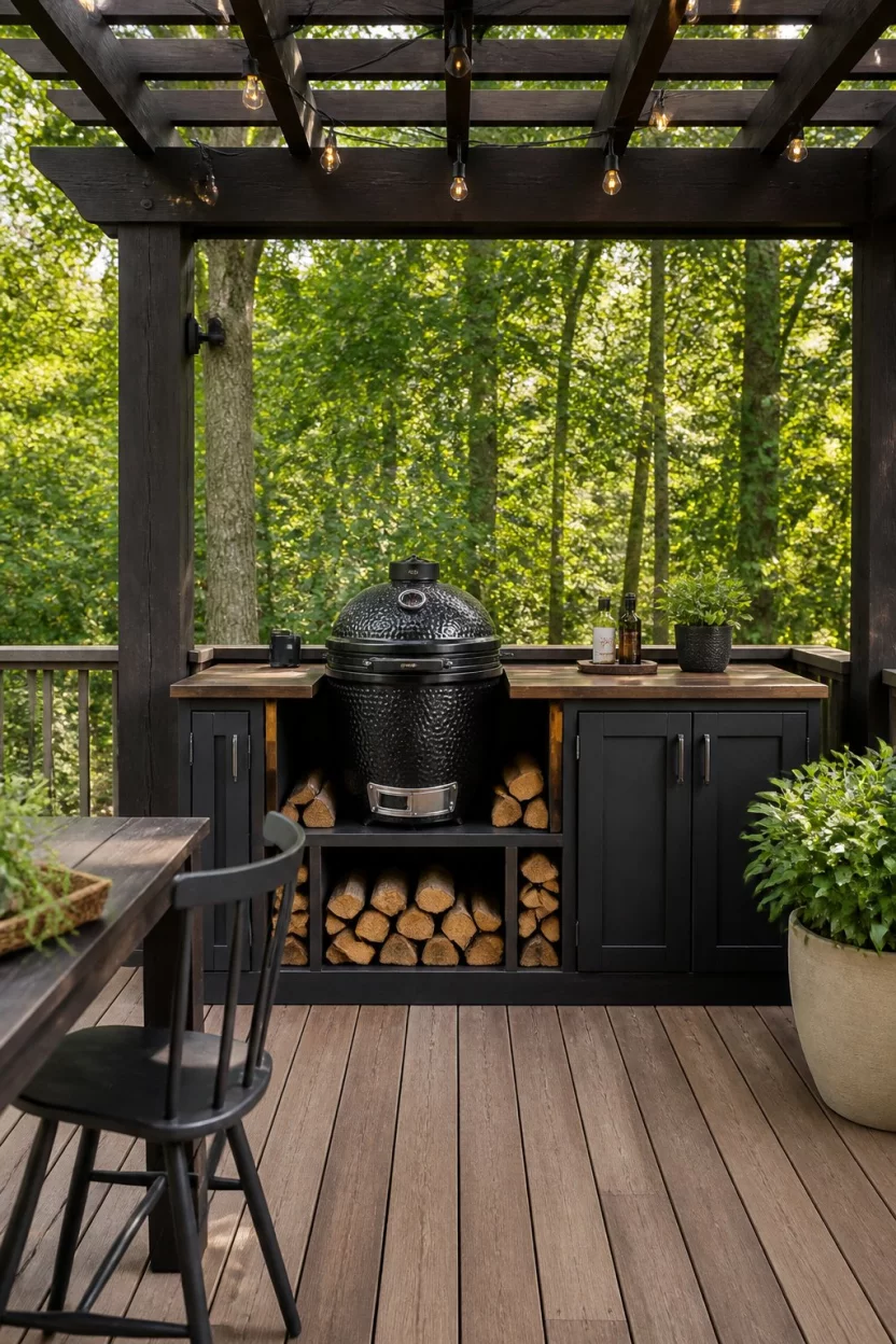 Compact Kamado Corner A realistic photo of a cozy wooden deck featuring a compact grilling station under a dark wood pergola, where a black ceramic kamado grill sits nestled within dark cabinetry and integrated wood storage slots on a sunny day with green trees behind.