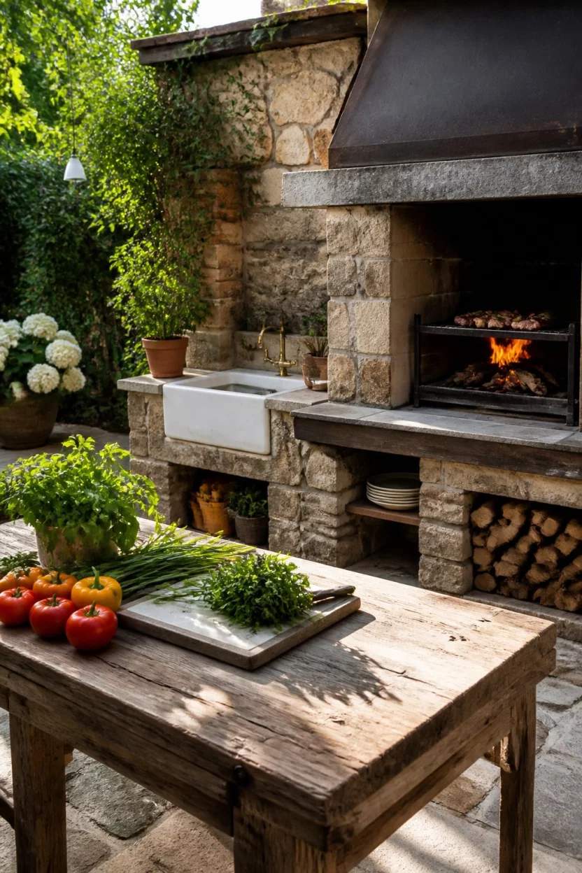 Rustic Stone Farmhouse Station A realistic photo of a rustic stone outdoor kitchen featuring a large wood fired open grill, a white farmhouse sink, and a heavy wooden prep table topped with fresh vegetables and herbs in a sunlit garden setting.